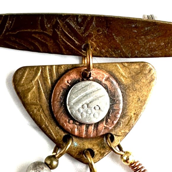 Artisan Celestial Pin Copper Brass Silver Star & Textured Charms Unique Handmade - Picture 4 of 6